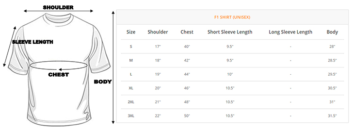 F1 Uniform Unisex Size Chart